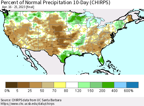 United States Percent of Normal Precipitation 10-Day (CHIRPS) Thematic Map For 4/16/2023 - 4/25/2023