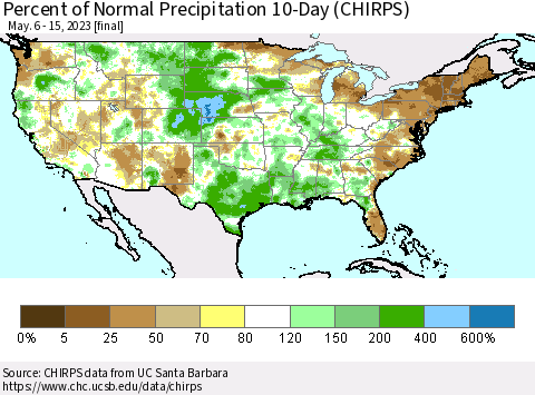 United States Percent of Normal Precipitation 10-Day (CHIRPS) Thematic Map For 5/6/2023 - 5/15/2023