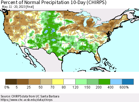 United States Percent of Normal Precipitation 10-Day (CHIRPS) Thematic Map For 5/11/2023 - 5/20/2023