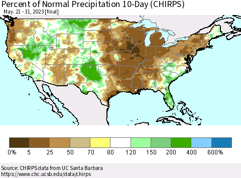 United States Percent of Normal Precipitation 10-Day (CHIRPS) Thematic Map For 5/21/2023 - 5/31/2023