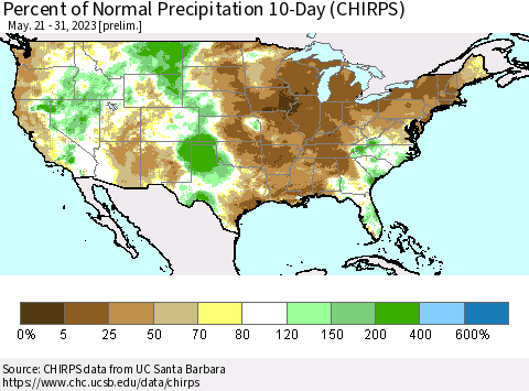 United States Percent of Normal Precipitation 10-Day (CHIRPS) Thematic Map For 5/21/2023 - 5/31/2023