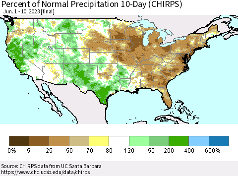 United States Percent of Normal Precipitation 10-Day (CHIRPS) Thematic Map For 6/1/2023 - 6/10/2023