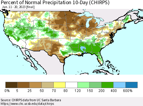 United States Percent of Normal Precipitation 10-Day (CHIRPS) Thematic Map For 6/11/2023 - 6/20/2023