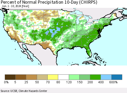 United States Percent of Normal Precipitation 10-Day (CHIRPS) Thematic Map For 1/1/2024 - 1/10/2024
