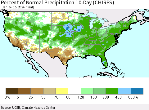 United States Percent of Normal Precipitation 10-Day (CHIRPS) Thematic Map For 1/6/2024 - 1/15/2024