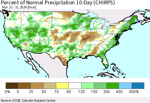 United States Percent of Normal Precipitation 10-Day (CHIRPS) Thematic Map For 3/21/2024 - 3/31/2024