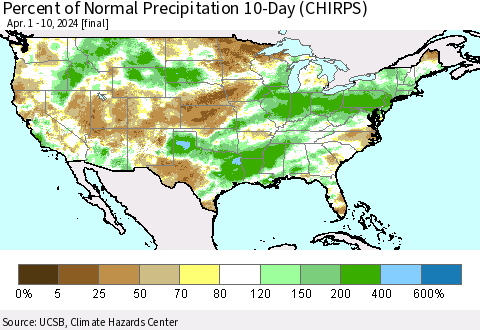 United States Percent of Normal Precipitation 10-Day (CHIRPS) Thematic Map For 4/1/2024 - 4/10/2024