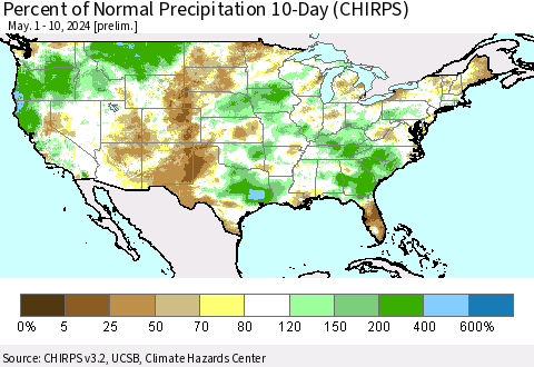 United States Percent of Normal Precipitation 10-Day (CHIRPS) Thematic Map For 5/1/2024 - 5/10/2024