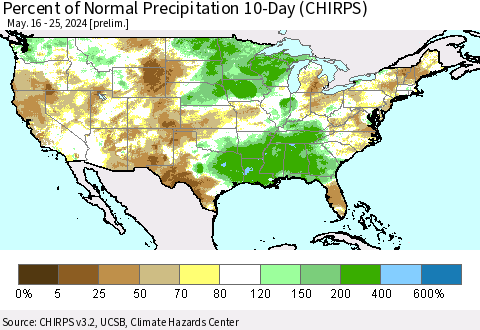 United States Percent of Normal Precipitation 10-Day (CHIRPS) Thematic Map For 5/16/2024 - 5/25/2024
