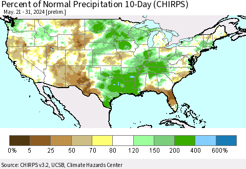 United States Percent of Normal Precipitation 10-Day (CHIRPS) Thematic Map For 5/21/2024 - 5/31/2024