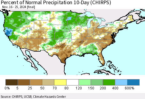 United States Percent of Normal Precipitation 10-Day (CHIRPS) Thematic Map For 11/16/2024 - 11/25/2024