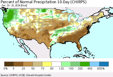 United States Percent of Normal Precipitation 10-Day (CHIRPS) Thematic Map For 12/16/2024 - 12/25/2024