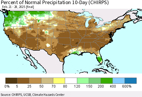 United States Percent of Normal Precipitation 10-Day (CHIRPS) Thematic Map For 2/21/2025 - 2/28/2025
