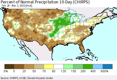 United States Percent of Normal Precipitation 10-Day (CHIRPS) Thematic Map For 2/26/2025 - 3/5/2025