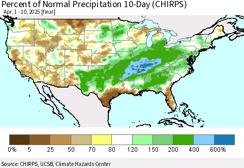 United States Percent of Normal Precipitation 10-Day (CHIRPS) Thematic Map For 4/1/2025 - 4/10/2025