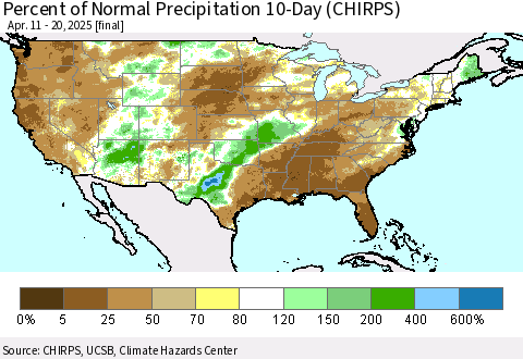 United States Percent of Normal Precipitation 10-Day (CHIRPS) Thematic Map For 4/11/2025 - 4/20/2025