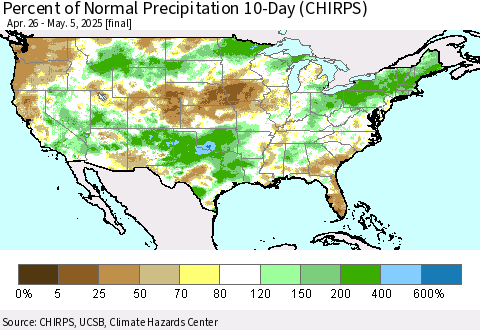 United States Percent of Normal Precipitation 10-Day (CHIRPS) Thematic Map For 4/26/2025 - 5/5/2025
