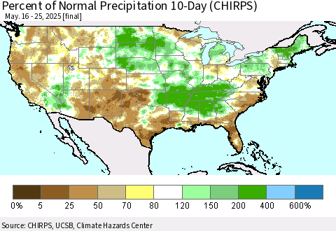 United States Percent of Normal Precipitation 10-Day (CHIRPS) Thematic Map For 5/16/2025 - 5/25/2025