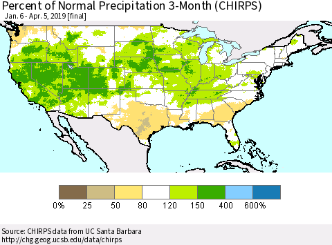 United States Percent of Normal Precipitation 3-Month (CHIRPS) Thematic Map For 1/6/2019 - 4/5/2019