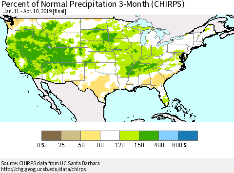 United States Percent of Normal Precipitation 3-Month (CHIRPS) Thematic Map For 1/11/2019 - 4/10/2019
