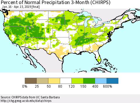 United States Percent of Normal Precipitation 3-Month (CHIRPS) Thematic Map For 1/16/2019 - 4/15/2019