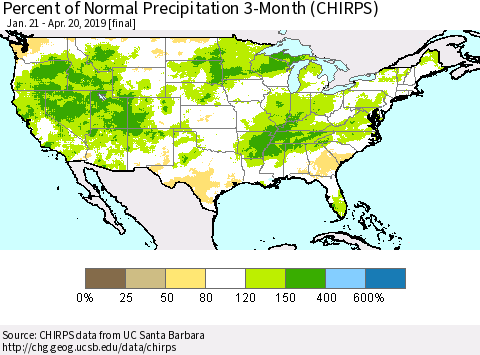 United States Percent of Normal Precipitation 3-Month (CHIRPS) Thematic Map For 1/21/2019 - 4/20/2019