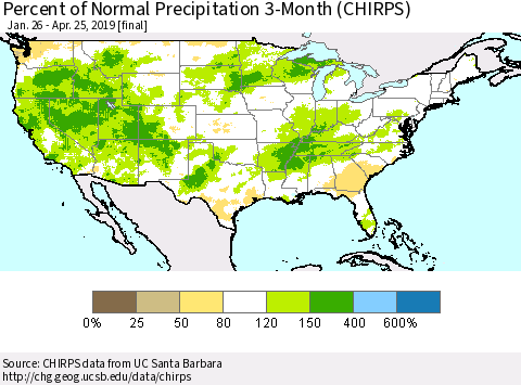 United States Percent of Normal Precipitation 3-Month (CHIRPS) Thematic Map For 1/26/2019 - 4/25/2019