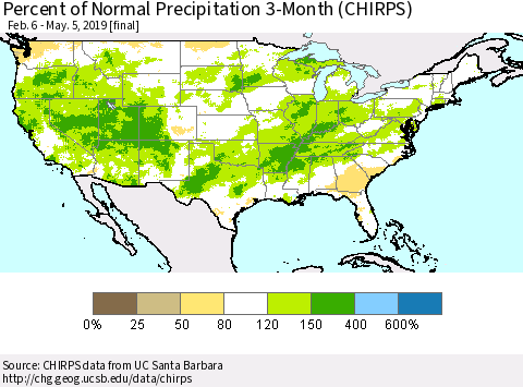 United States Percent of Normal Precipitation 3-Month (CHIRPS) Thematic Map For 2/6/2019 - 5/5/2019