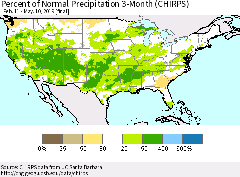 United States Percent of Normal Precipitation 3-Month (CHIRPS) Thematic Map For 2/11/2019 - 5/10/2019