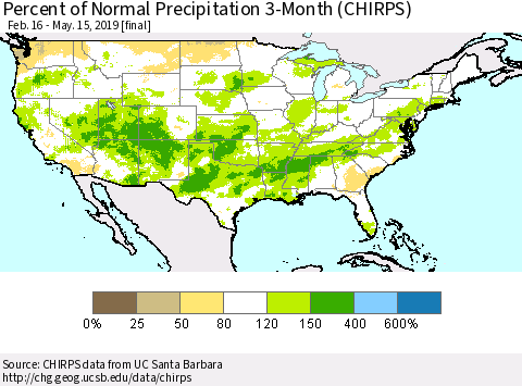 United States Percent of Normal Precipitation 3-Month (CHIRPS) Thematic Map For 2/16/2019 - 5/15/2019