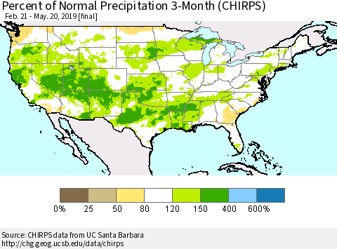 United States Percent of Normal Precipitation 3-Month (CHIRPS) Thematic Map For 2/21/2019 - 5/20/2019
