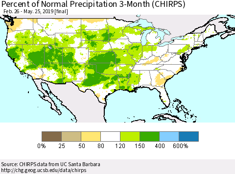 United States Percent of Normal Precipitation 3-Month (CHIRPS) Thematic Map For 2/26/2019 - 5/25/2019