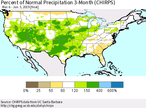 United States Percent of Normal Precipitation 3-Month (CHIRPS) Thematic Map For 3/6/2019 - 6/5/2019