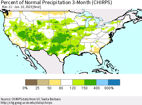 United States Percent of Normal Precipitation 3-Month (CHIRPS) Thematic Map For 3/11/2019 - 6/10/2019