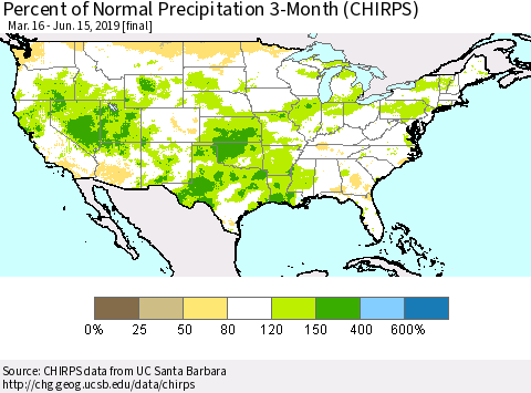 United States Percent of Normal Precipitation 3-Month (CHIRPS) Thematic Map For 3/16/2019 - 6/15/2019