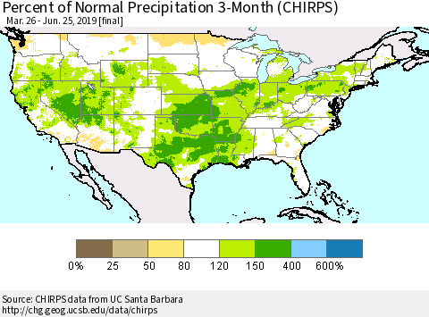 United States Percent of Normal Precipitation 3-Month (CHIRPS) Thematic Map For 3/26/2019 - 6/25/2019