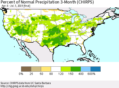 United States Percent of Normal Precipitation 3-Month (CHIRPS) Thematic Map For 4/6/2019 - 7/5/2019