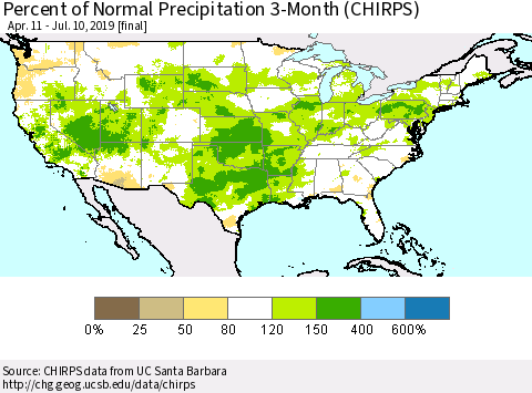 United States Percent of Normal Precipitation 3-Month (CHIRPS) Thematic Map For 4/11/2019 - 7/10/2019