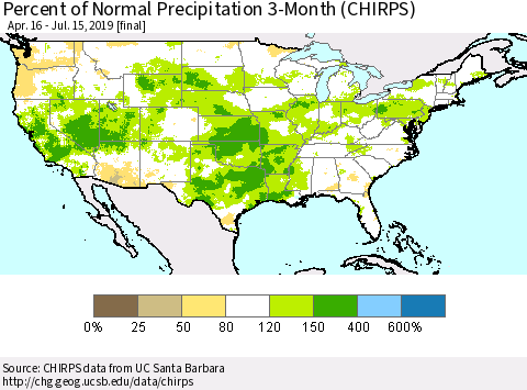 United States Percent of Normal Precipitation 3-Month (CHIRPS) Thematic Map For 4/16/2019 - 7/15/2019