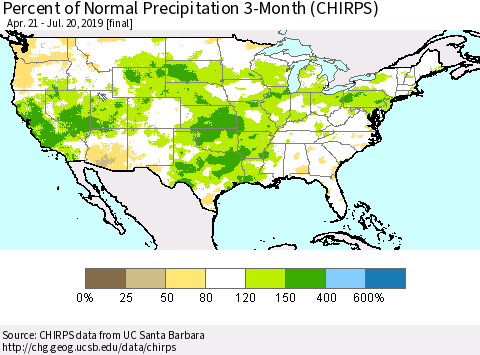 United States Percent of Normal Precipitation 3-Month (CHIRPS) Thematic Map For 4/21/2019 - 7/20/2019