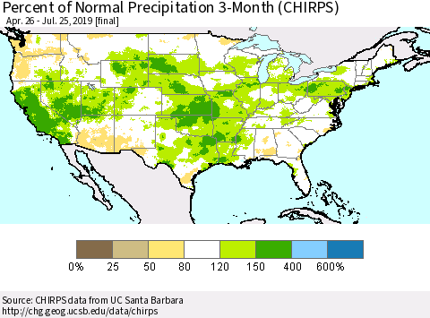 United States Percent of Normal Precipitation 3-Month (CHIRPS) Thematic Map For 4/26/2019 - 7/25/2019