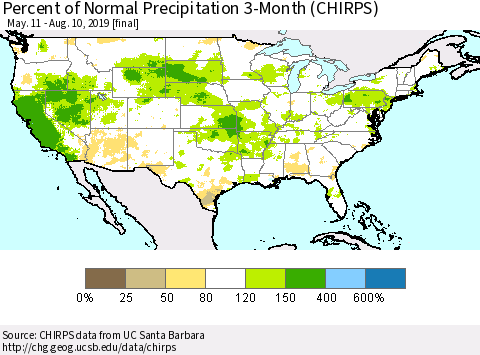 United States Percent of Normal Precipitation 3-Month (CHIRPS) Thematic Map For 5/11/2019 - 8/10/2019
