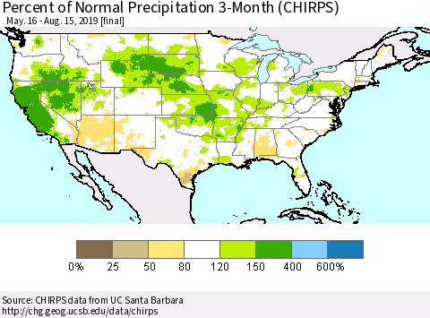 United States Percent of Normal Precipitation 3-Month (CHIRPS) Thematic Map For 5/16/2019 - 8/15/2019