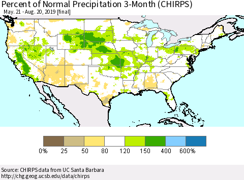 United States Percent of Normal Precipitation 3-Month (CHIRPS) Thematic Map For 5/21/2019 - 8/20/2019