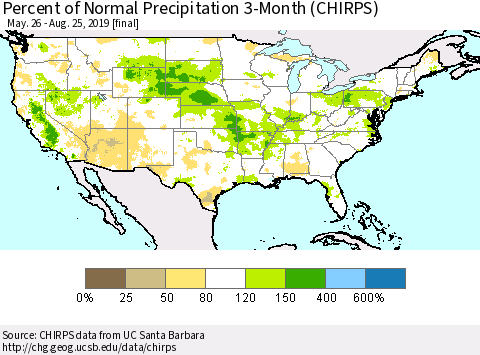United States Percent of Normal Precipitation 3-Month (CHIRPS) Thematic Map For 5/26/2019 - 8/25/2019