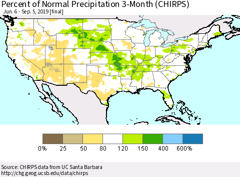 United States Percent of Normal Precipitation 3-Month (CHIRPS) Thematic Map For 6/6/2019 - 9/5/2019