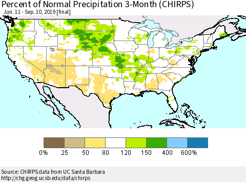 United States Percent of Normal Precipitation 3-Month (CHIRPS) Thematic Map For 6/11/2019 - 9/10/2019