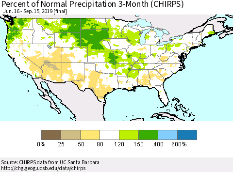 United States Percent of Normal Precipitation 3-Month (CHIRPS) Thematic Map For 6/16/2019 - 9/15/2019