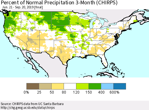 United States Percent of Normal Precipitation 3-Month (CHIRPS) Thematic Map For 6/21/2019 - 9/20/2019