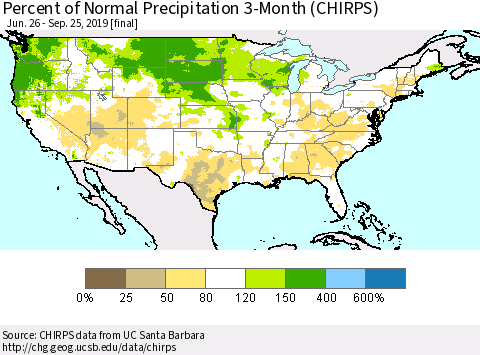 United States Percent of Normal Precipitation 3-Month (CHIRPS) Thematic Map For 6/26/2019 - 9/25/2019